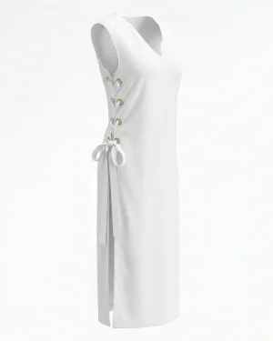 Women’s White Summer Dress – Sleeveless Lace‑Up Front & Side Slit