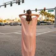 Women’s Satin Summer Kaftan – Pink Airy Silhouette with Deep V‑Neckline