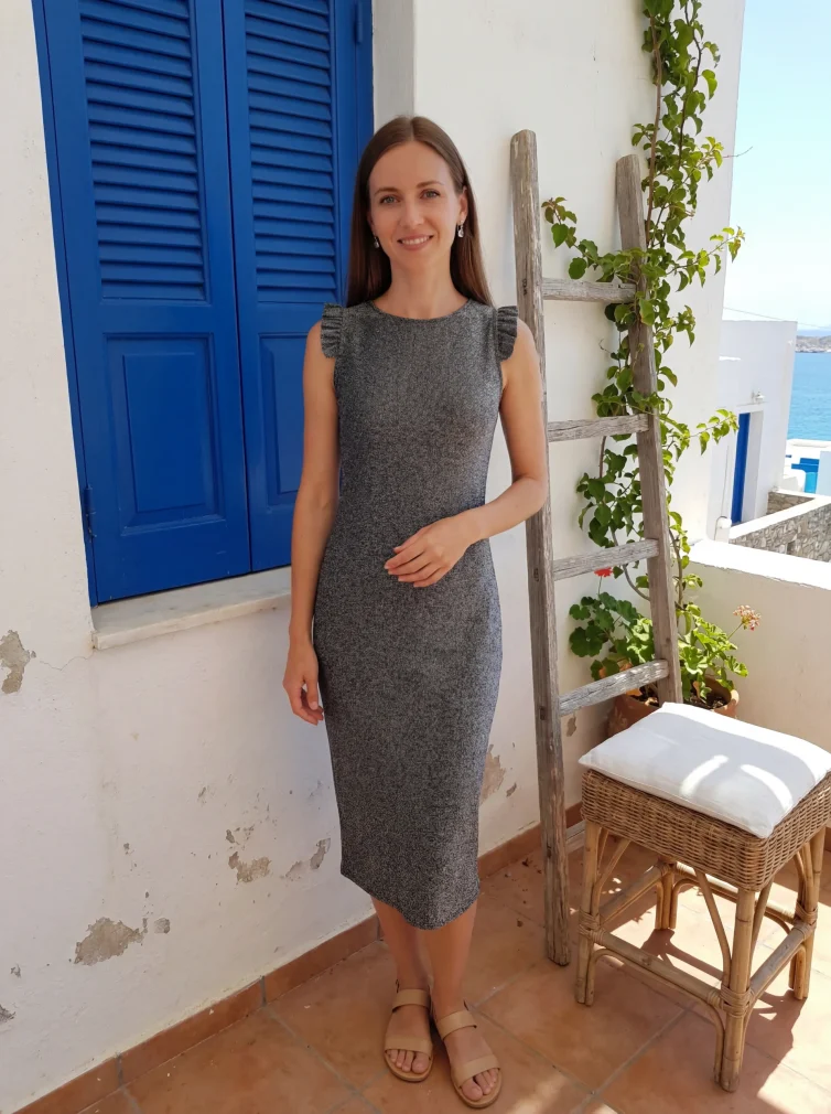 Φόρεμα Καλοκαιρινό Midi Bodycon Metallic με Ruffle Ώμους | Γκρι Ασημί
