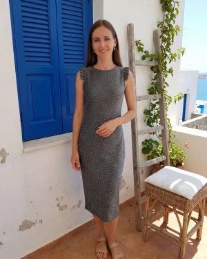 Φόρεμα Καλοκαιρινό Midi Bodycon Metallic με Ruffle Ώμους | Γκρι Ασημί