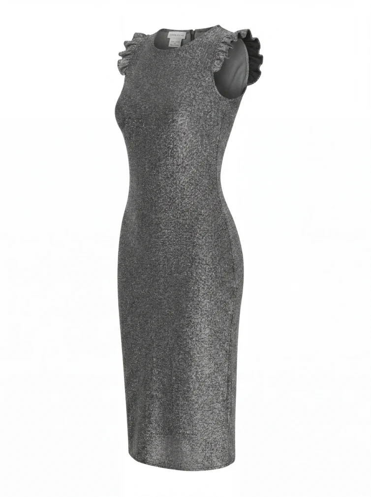 Φόρεμα Καλοκαιρινό Midi Bodycon Metallic με Ruffle Ώμους | Γκρι Ασημί