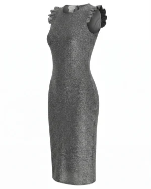 Φόρεμα Καλοκαιρινό Midi Bodycon Metallic με Ruffle Ώμους | Γκρι Ασημί