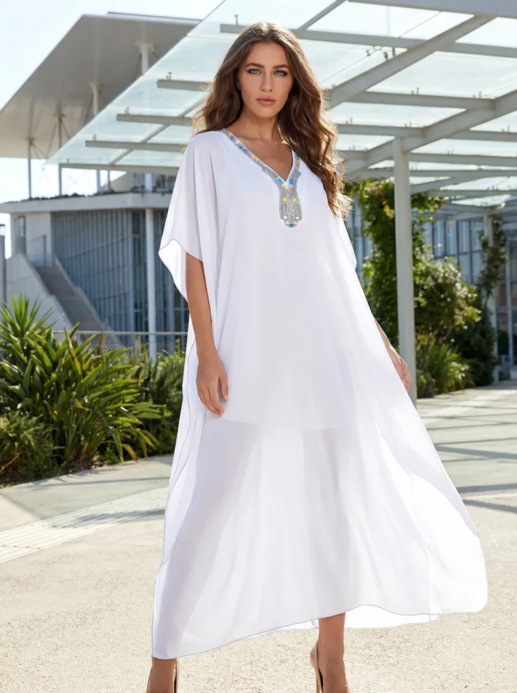 Women’s White Georgette Kaftan – Lightweight, Unlined with Embellished V‑Neckline