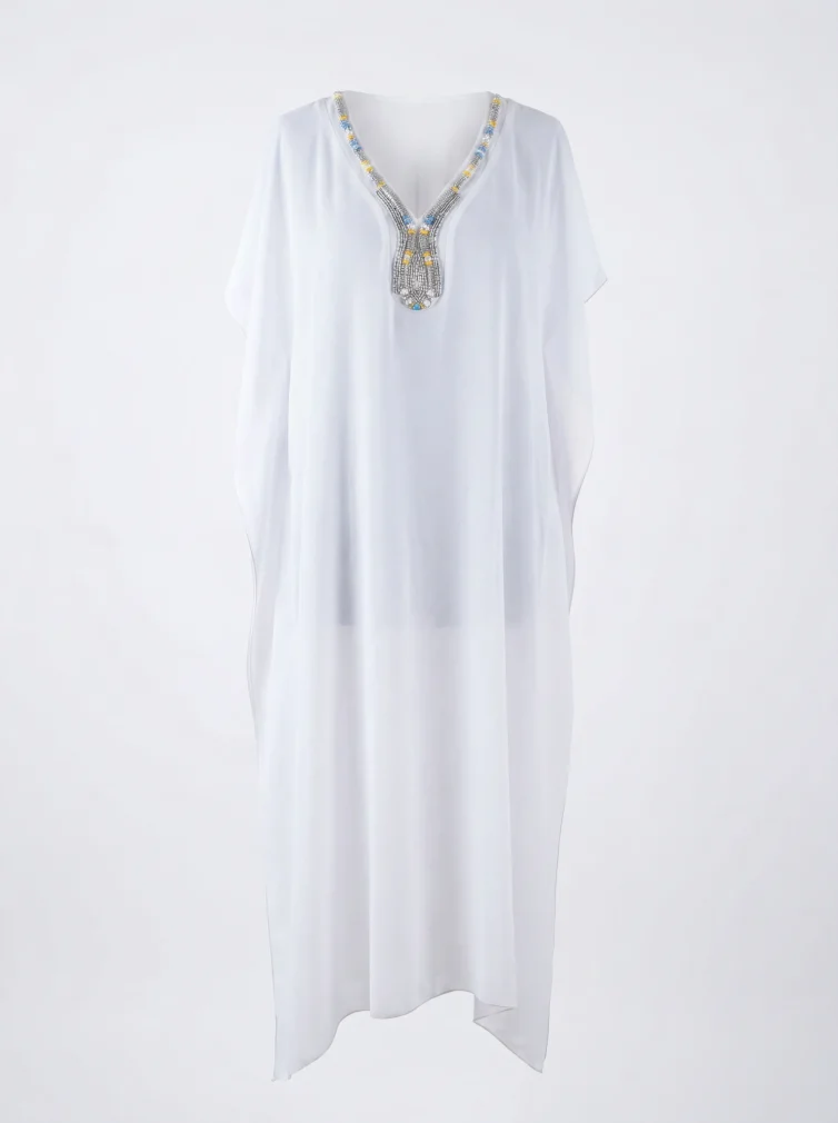 Women’s White Georgette Kaftan – Lightweight, Unlined with Embellished V‑Neckline