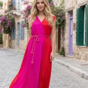 Γυναικείο Καφτάνι 100% Viscose με Βάτες – Δίχρωμο Ροζ/Κόκκινο