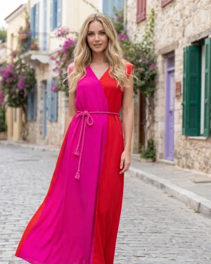 Γυναικείο Καφτάνι 100% Viscose με Βάτες – Δίχρωμο Ροζ/Κόκκινο
