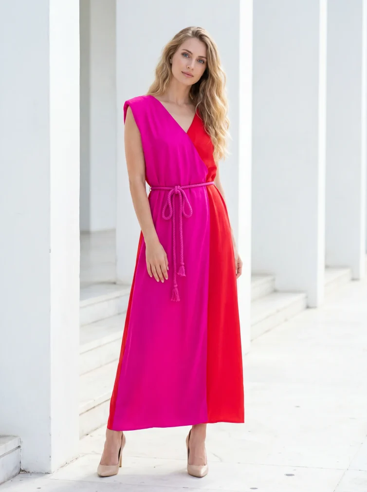 Γυναικείο Καφτάνι 100% Viscose με Βάτες – Δίχρωμο Ροζ/Κόκκινο