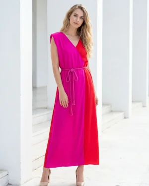 Γυναικείο Καφτάνι 100% Viscose με Βάτες – Δίχρωμο Ροζ/Κόκκινο