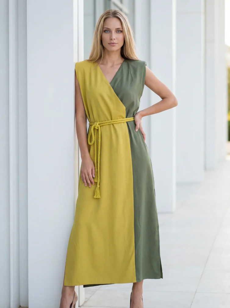 Γυναικείο Καφτάνι 100% Viscose με Βάτες – Δίχρωμο Κίτρινο/Λαδί