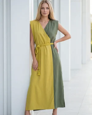 Γυναικείο Καφτάνι 100% Viscose με Βάτες – Δίχρωμο Κίτρινο/Λαδί