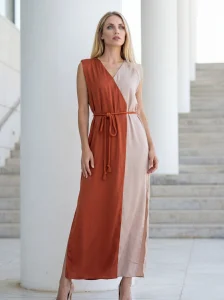 Γυναικείο Καφτάνι 100% Viscose με Βάτες – Δίχρωμο Μπεζ/Πορτοκαλί