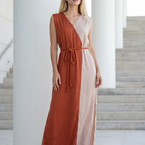 Γυναικείο Καφτάνι 100% Viscose με Βάτες – Δίχρωμο Μπεζ/Πορτοκαλί