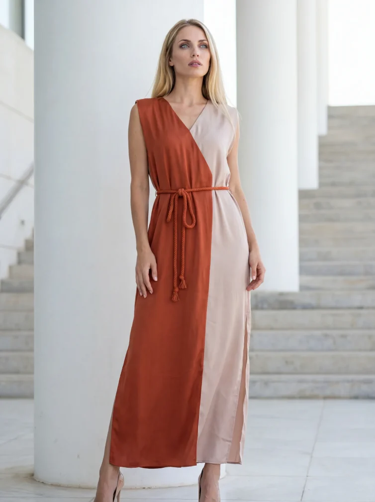 Γυναικείο Καφτάνι 100% Viscose με Βάτες – Δίχρωμο Μπεζ/Πορτοκαλί