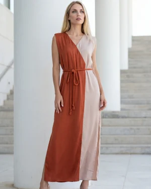 Γυναικείο Καφτάνι 100% Viscose με Βάτες – Δίχρωμο Μπεζ/Πορτοκαλί