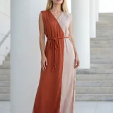Γυναικείο Καφτάνι 100% Viscose με Βάτες – Δίχρωμο Μπεζ/Πορτοκαλί