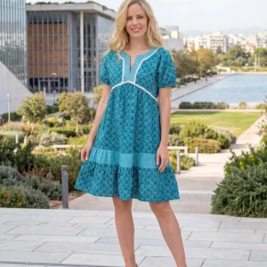 Γυναικείο Φόρεμα 100% Cotton – Teal Printed με V‑Λαιμόκοψη & Κοντά Μανίκια