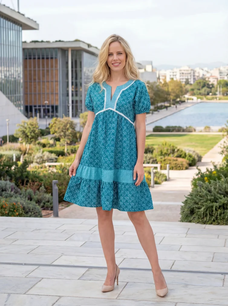 Γυναικείο Φόρεμα 100% Cotton – Teal Printed με V‑Λαιμόκοψη & Κοντά Μανίκια