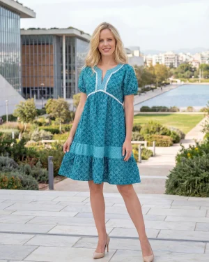 Γυναικείο Φόρεμα 100% Cotton – Teal Printed με V‑Λαιμόκοψη & Κοντά Μανίκια