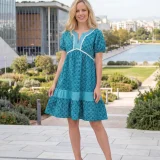 Γυναικείο Φόρεμα 100% Cotton – Teal Printed με V‑Λαιμόκοψη & Κοντά Μανίκια