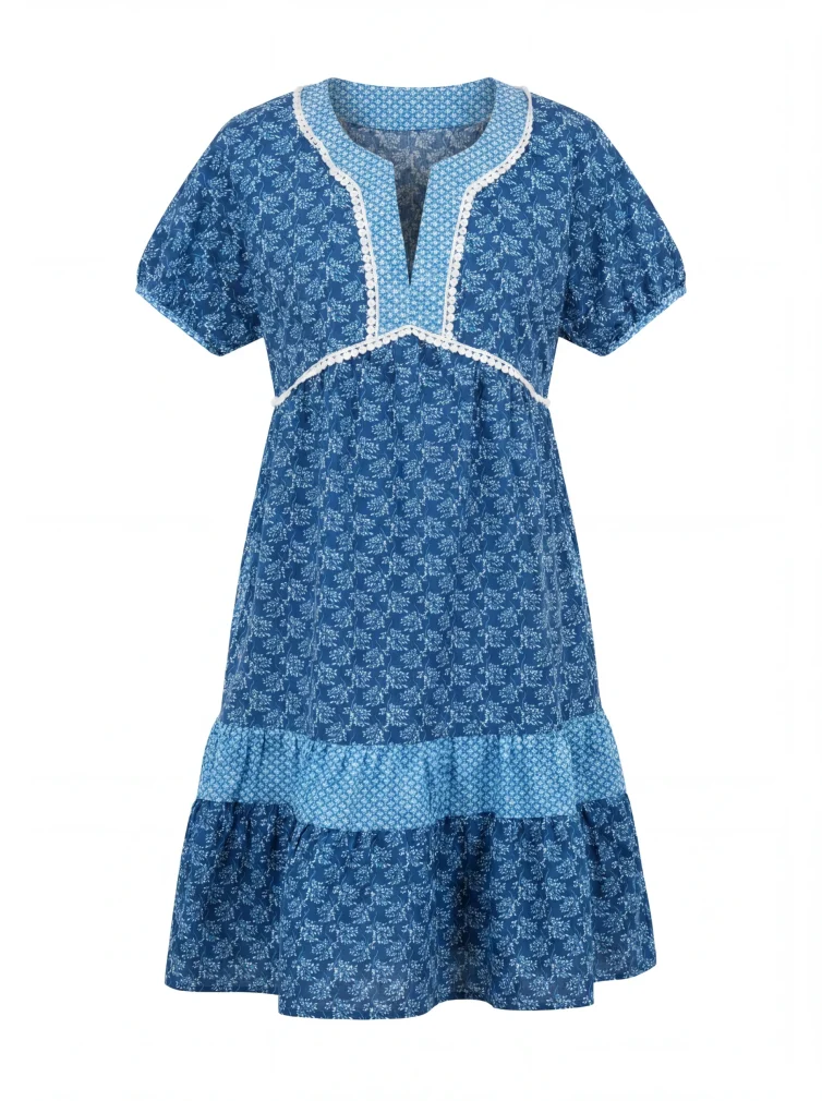 Γυναικείο Φόρεμα 100% Cotton – Μπλε Printed με V‑Λαιμόκοψη