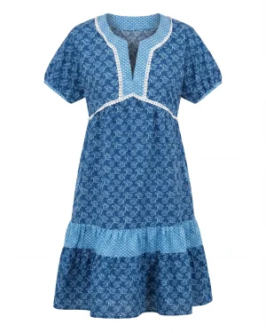 Γυναικείο Φόρεμα 100% Cotton – Μπλε Printed με V‑Λαιμόκοψη