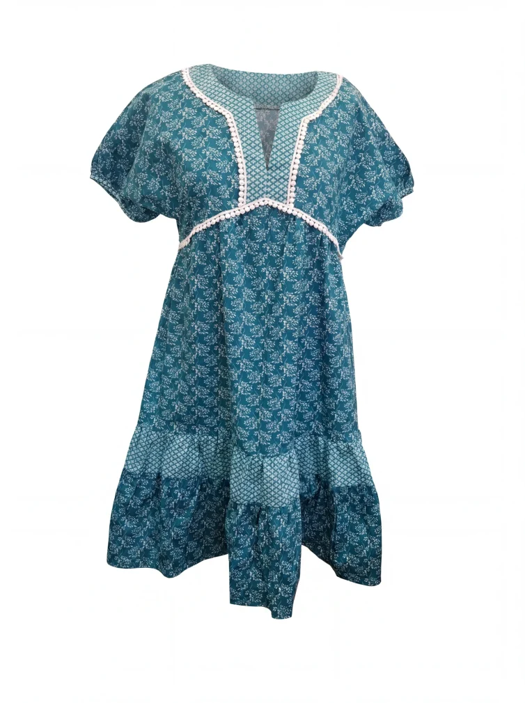 Γυναικείο Φόρεμα 100% Cotton – Teal Printed με V‑Λαιμόκοψη & Κοντά Μανίκια