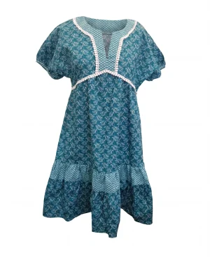 Γυναικείο Φόρεμα 100% Cotton – Teal Printed με V‑Λαιμόκοψη & Κοντά Μανίκια