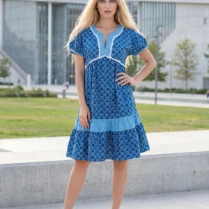 Γυναικείο Φόρεμα 100% Cotton – Μπλε Printed με V‑Λαιμόκοψη