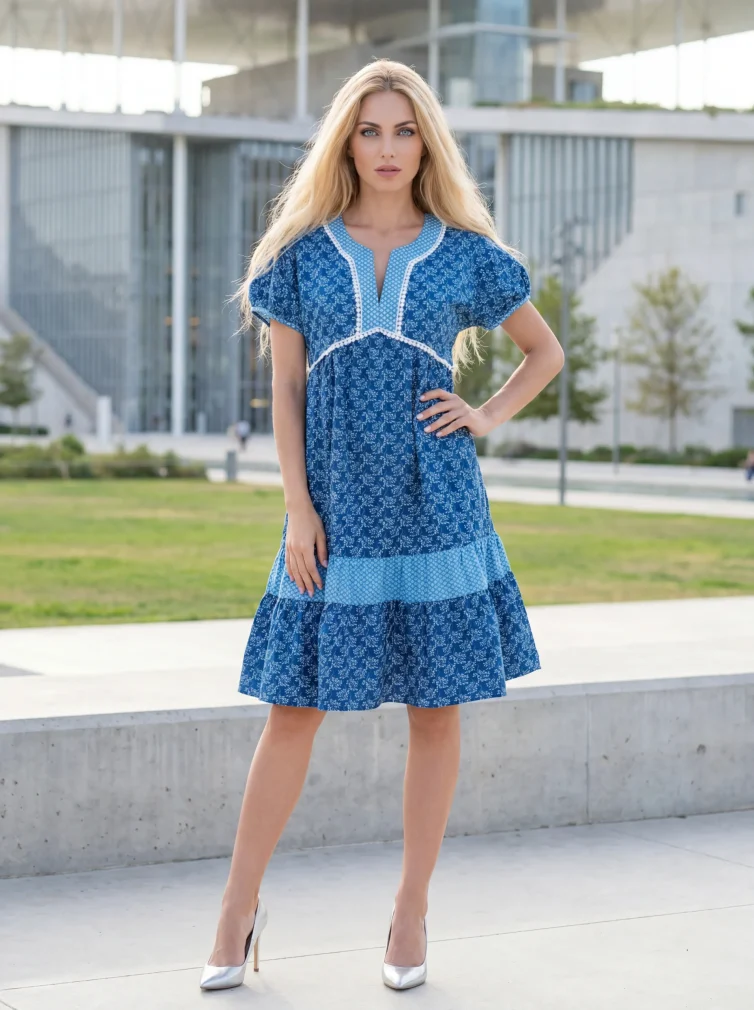 Γυναικείο Φόρεμα 100% Cotton – Μπλε Printed με V‑Λαιμόκοψη