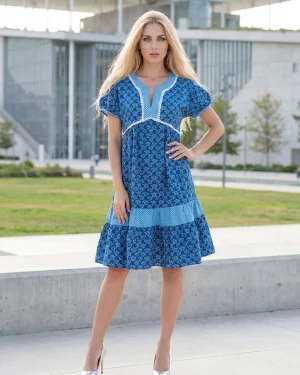 Γυναικείο Φόρεμα 100% Cotton – Μπλε Printed με V‑Λαιμόκοψη