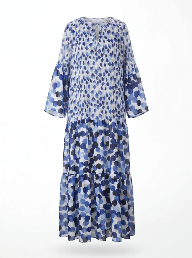 Women’s Blue & White Maxi Summer Dress – Airy Silhouette with Circular Print