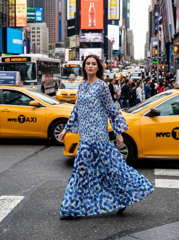 Women’s Blue & White Maxi Summer Dress – Airy Silhouette with Circular Print