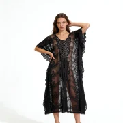 Women’s Black Lace Resort Kaftan – Long Sheer Design with Embroidered Details