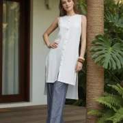 Μακρύ Γυναικείο Πουκάμισο Καλοκαιρινό Viscose–Linen με Πλαϊνά Ανοίγματα