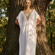 White Kaftan Dress with Gold V‑Neck Embroidery – Elegant & Unique Women’s Summer Dress