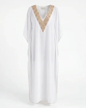 White Kaftan Dress with Gold V‑Neck Embroidery – Elegant & Unique Women’s Summer Dress