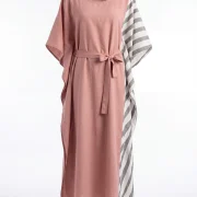 Γυναικείο Καφτάνι 60% Viscose – 40% Linen σε Ροζ Απόχρωση με Ζώνη & Ασύμμετρη Λεπτομέρεια