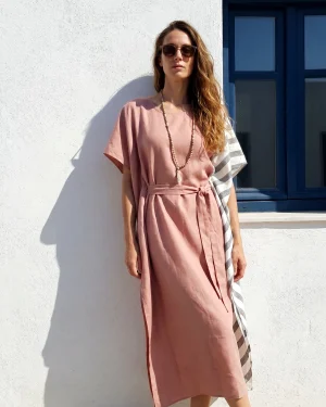 Γυναικείο Καφτάνι 60% Viscose – 40% Linen σε Ροζ Απόχρωση με Ζώνη & Ασύμμετρη Λεπτομέρεια