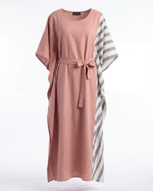 Γυναικείο Καφτάνι 60% Viscose – 40% Linen σε Ροζ Απόχρωση με Ζώνη & Ασύμμετρη Λεπτομέρεια
