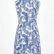 Γυναικείο Βαμβακερό Φόρεμα – Λευκό Resort με Μπλε Paisley Print & Ψηλό Κολάρο