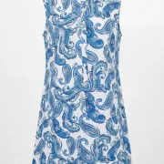 Women’s White Cotton Resort Dress – Blue Paisley Print with High Collar