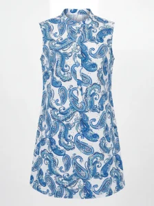Women’s White Cotton Resort Dress – Blue Paisley Print with High Collar