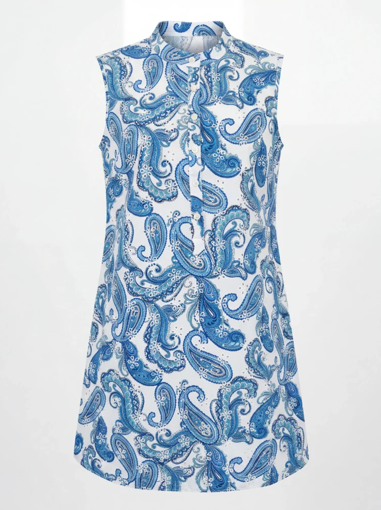 Γυναικείο Βαμβακερό Φόρεμα – Λευκό Resort με Μπλε Paisley Print & Ψηλό Κολάρο
