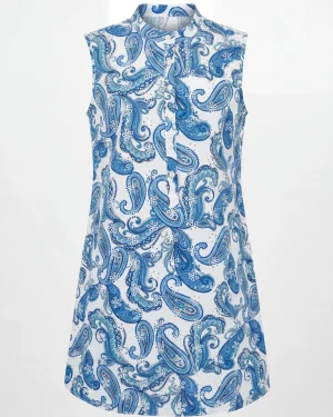 Γυναικείο Βαμβακερό Φόρεμα – Λευκό Resort με Μπλε Paisley Print & Ψηλό Κολάρο