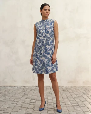 Γυναικείο Βαμβακερό Φόρεμα – Λευκό Resort με Μπλε Paisley Print & Ψηλό Κολάρο