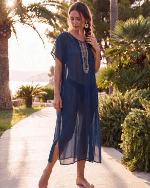 Μοναδικό Μεταξωτό Καφτάνι Παραλίας Silk–Cotton σε Μπλε με Λευκό Ζικ‑Ζακ