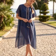 Μοναδικό Μεταξωτό Καφτάνι Παραλίας Silk–Cotton σε Μπλε με Λευκό Ζικ‑Ζακ