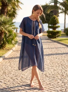 Μοναδικό Μεταξωτό Καφτάνι Παραλίας Silk–Cotton σε Μπλε με Λευκό Ζικ‑Ζακ
