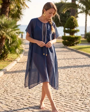 Μοναδικό Μεταξωτό Καφτάνι Παραλίας Silk–Cotton σε Μπλε με Λευκό Ζικ‑Ζακ