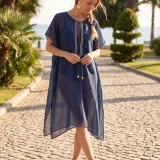 Μοναδικό Μεταξωτό Καφτάνι Παραλίας Silk–Cotton σε Μπλε με Λευκό Ζικ‑Ζακ